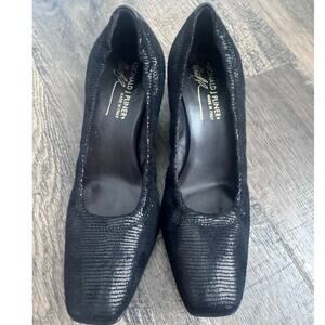 Donald J Pliner Minya Black Lizard Print Leather Square Toe Kitten Heels 8 Italy